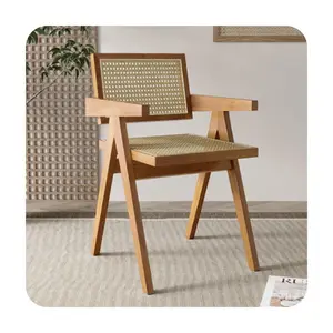 Rattan Weaving Dining Chair Household Solid Wood Backrest Raw Wood Armrests Chair