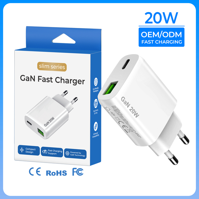 Ultra Slim 20W Gan Fast Charger and Power Adapter with USB C and a Port OVP and OTP Protected for iPhone