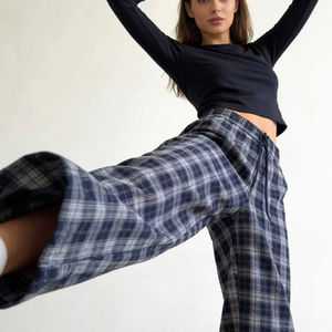 Pantalon décontracté à taille haute à carreaux, coupe ample style américain, infroissable et confortable à porter - Product Image 1