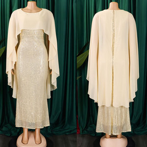 Abito lungo <span class=keywords><strong>da</strong></span> <span class=keywords><strong>donna</strong></span> XL popolare in stile europeo-americano, elegante con paillettes, gonna a tubino sexy, con mantella/sciarpa, vita naturale, antistatico, per la <span class=keywords><strong>mattina</strong></span> - Product Image 6