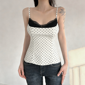 Y2K Sweet Edgy Polka Dot Tank Top - Lace Panel Color Block <b>Spaghetti</b> <b>Strap</b> Camisole - Product Image 4