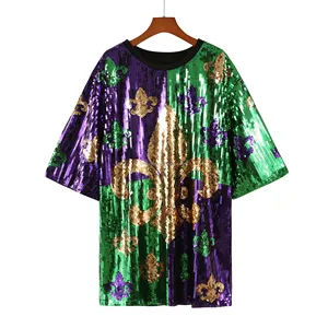 Vestido de festa para comemoração de festival, roupa de lantejoulas com gola redonda, verde, roxo, amarelo, Mardi Gras, camisas de lantejoulas para mulheres, pronto para enviar