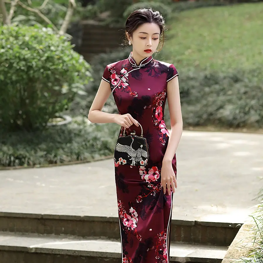 Moda Oxblood kırmızı Modern çin elbisesi uzun Qipao Cheongsam