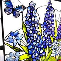 Panneau de vitrail suspendu carré Bluebonnet motif Fleur d'iris bleue et Papillon, 78 pouces, en verre véritable, attrape-soleil, décoration maison et jardin, cadeau