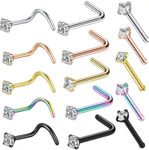 2023 wholesale titanium stainless steel S shape L shape rhinestone nose rings nose studs piercing jewelry