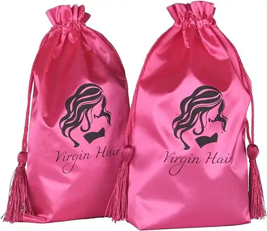 Saç ürünleri için özel Logo ipek büzgülü torba saten peruk ambalaj poşetleri