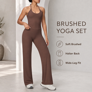 Conjunto Deportivo para Mujer, Top Halter Suave con Cuello Cruzado, Pantalones Anchos de Cintura Alta, Corte Ajustado, 2 Piezas, Ropa Deportiva para Yoga, Gimnasio, Running - Product Image 2
