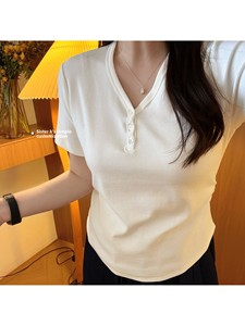 Summer New Wide Loose Shoulder Buttons Half Open V-Neck Short Sleeve Anti-pilling Washed <strong>T</strong>-<strong>shirt</strong> <strong>Joker</strong> Slim ToP - Product Image 3