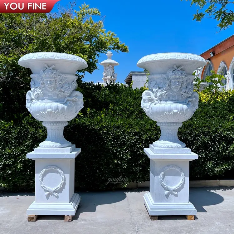 手彫りの自然な白い大理石の花瓶屋外ガーデン植木鉢石プランター