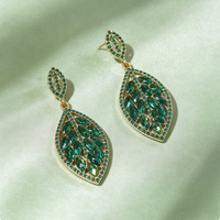Boucles d'oreilles pendantes Feuille en strass pour femme, en alliage micro-pavé, style bohème, avec gemme verte, pour fête et mariage