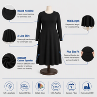 Robe midi élégante en coton et élasthanne tricoté, coupe trapèze, col rond, manches longues, 280 GSM, opaque, grande taille, pour femme, hiver, personnalisable avec logo OEM