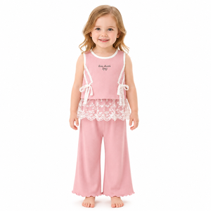 Conjunto de <span class=keywords><strong>Ropa</strong></span> Acanalada para Niñas, Verano 2026, Rosa, Top sin Mangas de Viscosa y Pantalones Acampanados, 2 Piezas, con Dobladillo de Encaje, Estilo Boutique, <span class=keywords><strong>Ropa</strong></span> de Descanso, 3-7 Años, Venta al por Mayor - Product Image 3