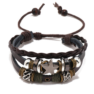 Nouveau bracelet en cuir à perles en forme d'étoile à cinq branches, bijoux tendance européens et américains, bracelet simple multi-couches - Product Image 1