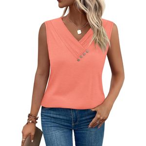 FOXA Débardeur sans manches pour femme, col en V, boutonné, coupe ample, respirant, en coton tricoté, hauts d'été tendance - Product Image 2