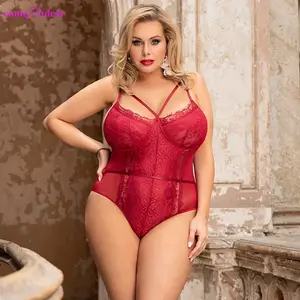 Plus Size Red Sexy Lingerie Set Women Clothes Woman Lingerie Open Crotch Women Sexy Lace Mesh One Piece Bodysuit Comeondear