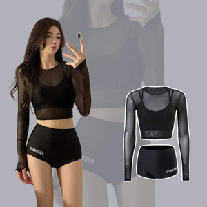 Set di costumi da bagno Fitness da donna a manica lunga in maglia nera fornitore all'ingrosso - Product Image 1