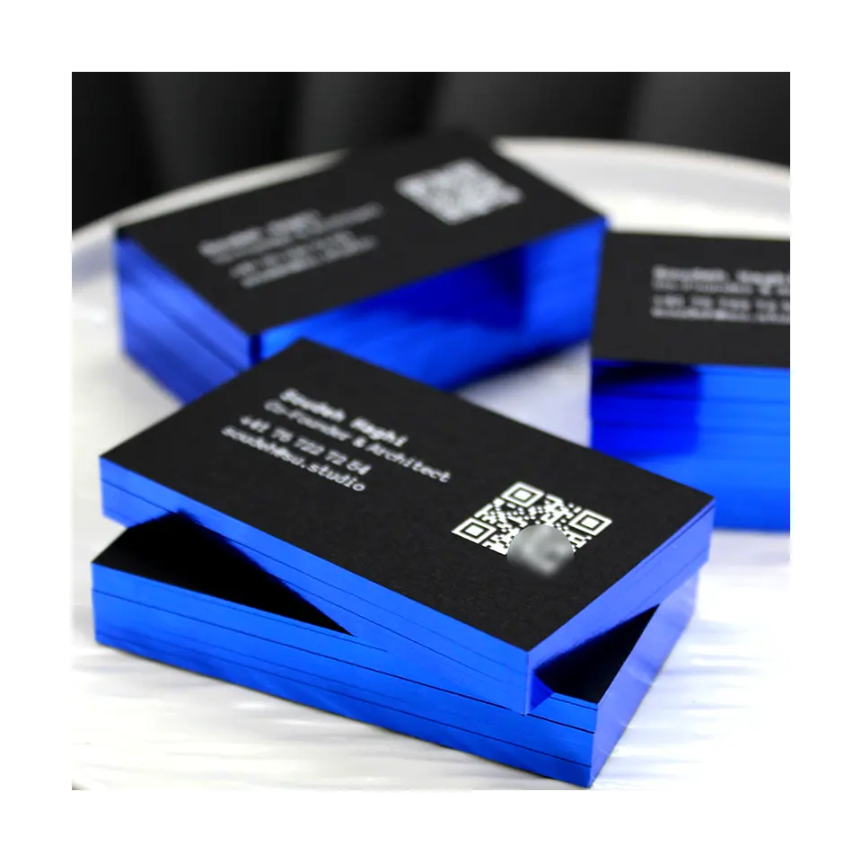 Custom Logo Print Black Card Visitekaartje Speciaal Papier Blauw Gouden Rand Verguld De Grens Bedrijf Levert Met Qr Code