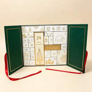 Boîte de calendrier de l'avent en forme de livre, carton rigide ivoire, impression dorée, logo personnalisé, fermeture magnétique quadricolore, ruban cadeau - Product Image 1