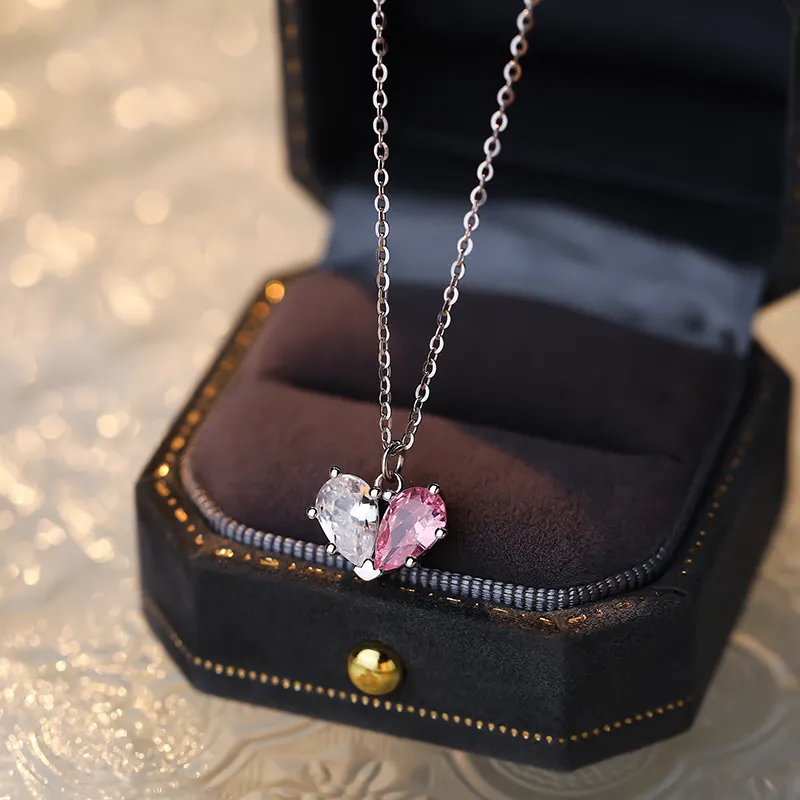 Summer 925 sterling silver white cz diamond fashion necklaces half pink heart pendant necklace jewelry for women