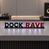 Enseigne LED noire et rouge sur mesure avec lettres verticales de 25 mm et connexion de câble d'alimentation unique pour les présentoirs d'équipements DJ