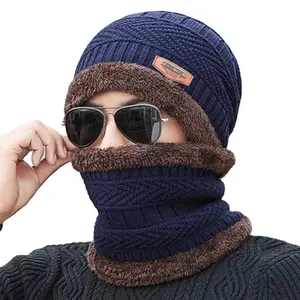 Topi Kupluk Musim Dingin untuk Pria Topi Rajut Wanita Tebal Wol Leher Syal Masker Topi Bonnet