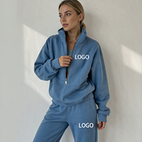 Ensemble de survêtement décontracté pour femme avec logo personnalisé, sweat-shirt à demi-zip et pantalon de jogging, deux pièces, style ample