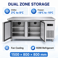 Réfrigérateur-congélateur professionnel à double zone, 2 portes, 1500 mm, en acier inoxydable, double compresseur, refroidissement par ventilateur