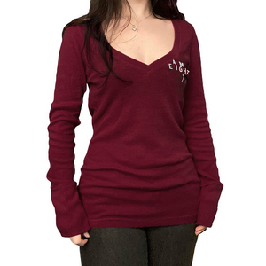 Camiseta de Manga Larga con Estampado de Letras Estilo Urbano Americano para Mujer, Color Sólido, Corte Ajustado, Informal, Básica - Product Image 2