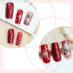 24 pièces en boîte à la main style français <span class=keywords><strong>court</strong></span> <span class=keywords><strong>faux</strong></span> ongles conseils pour l'application des doigts automne hiver INS Design chapeau de noël - Product Image 3