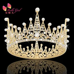 BELLEWORLD, tiaras y corona de boda redondas con perlas de diamantes de imitación europeos y americanos, tiara nupcial, tiaras y coronas con forma de hoja de oro