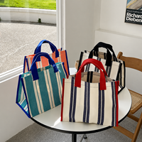 Tas Tote Kanvas Bergaris Vertikal Vintage dengan Pegangan Kontras Warna, Kapasitas Besar, Tas Belanja Reusable untuk Wanita, Cocok untuk Perjalanan Sehari-hari