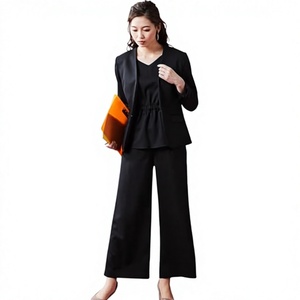 Ensemble de costume en crêpe noir pour femme, col en V, coupe ample, longueur complète, style bureau, tenue d'automne - Product Image 2