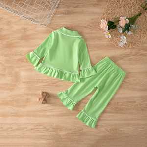 Rosa e verde <span class=keywords><strong>con</strong></span> volant abbottonato due pezzi Pjs Set <span class=keywords><strong>con</strong></span> monogramma Boutique di cotone <span class=keywords><strong>pigiama</strong></span> per bambine - Product Image 3