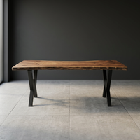 Table de salle à manger en noyer massif avec bord naturel, table de restaurant en bois avec pieds en métal, mobilier moderne pour salle à manger, 6 places