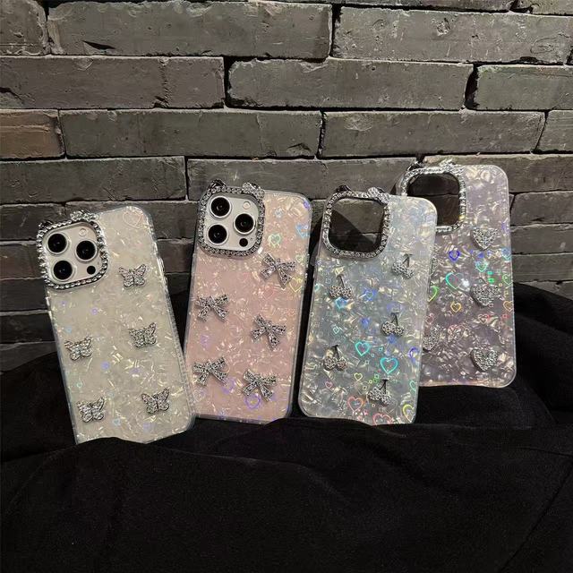 IMD craft shell pattern cat lens mobile phone case suitable for iPhone 17 16 Pro Max diamond love cherry bow decoration TPU+PC