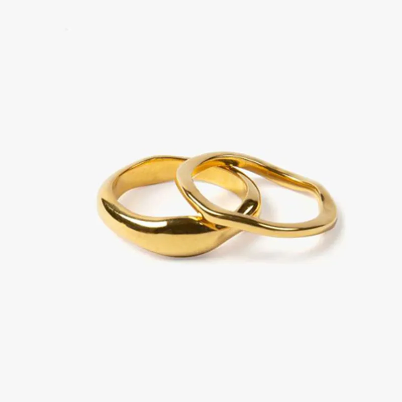 Wholesale Custom Women Minimalist Jewelry 18K Gold Plated Stainless Steel Stackable Geometric Irregular Texture Ocean Wave Ring