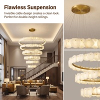 Lustre long multicouche en albâtre naturel, lumière LED chaude, cadre métallique personnalisé, lampe suspendue à intensité variable pour villa et escalier