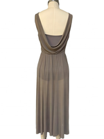 Robe de danse longue en maille drapée à col bénitier et dos nu, sans manches, pour femme, style moderne, Baili Taupe BC032018