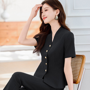 Women's Summer Short Sleeve Suit <b>Set</b> Midi Skirt <b>Office</b> Lady Breathable Worsted Fabric - Product Image 3