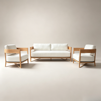 Canapé d'angle en forme de L Japandi en bois de chêne naturel avec coussins en tissu blanc amovibles, écologique et minimaliste, pour 2 personnes, idéal pour le salon