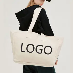 Bolsas de compras de algodón de lona de tamaño extra grande reutilizables con logotipo impreso personalizado al por mayor con Aimant Bouton