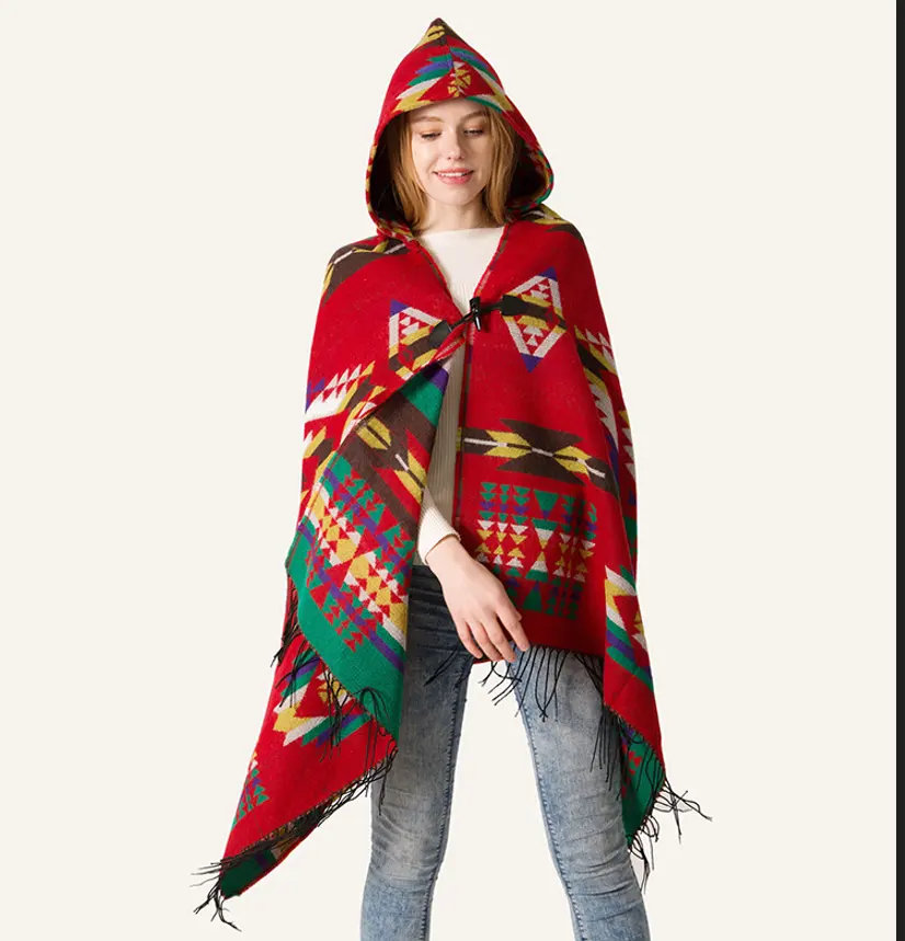 Groothandel Claxon Etnische Fall Winter Aztec Tribal Hooded Poncho Pashmina Sjaals Dekens