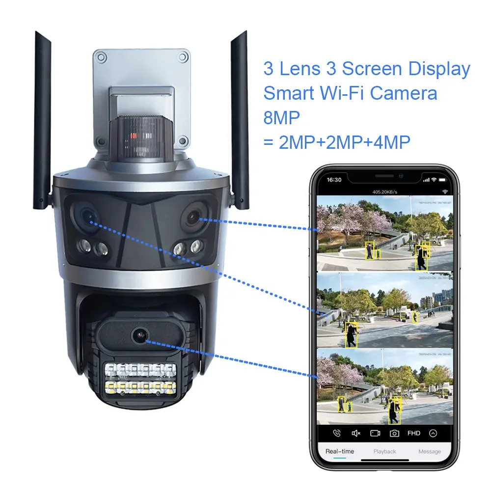 Kamera CCTV WiFi nirkabel AI, tiga layar, kamera keamanan jaringan PTZ iCSee lensa tiga ganda 2MP 4MP 8MP untuk konstruksi rumah