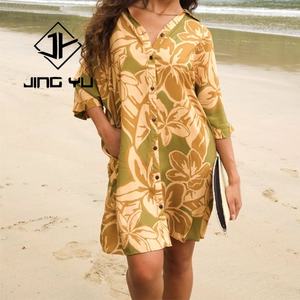 Hot Sale <b>Shirt</b> Dress Custom Linen Cotton Hawaiian Print Long <b>Shirt</b> <b>Beach</b> Dress <b>for</b> <b>Women</b> - Product Image 1