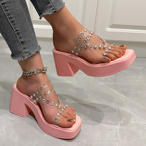 Sandales à plateforme pour femmes avec strass transparents, bout carré, talon bloc épais, mules pour l'été et les soirées - Product Image 1
