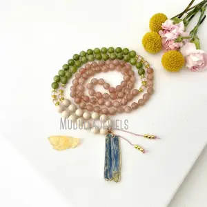 MN41536 Sunstone Peridot Riverstone And Mystic Aura Quartz 108 Mala Beads Necklace Spiritual Meditation Prayer Yoga Jewelry