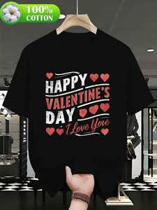 T-shirt casual nera a maniche corte stampata per San Valentino, 100% cotone, leggera, estiva, unisex, girocollo, vestibilità regolare - Product Image 3