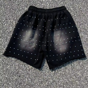 Shorts pour hommes en coton 100% avec imprimé vintage délavé à l'acide, strass, séchage rapide, taille tricotée, streetwear décontracté, cordon de serrage tendance - Product Image 3