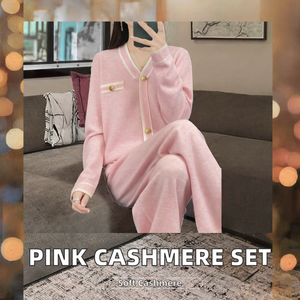 Pink Cashmere Knit <b>Sweater</b> <b>Set</b> Women V Neck Button Cardigan and Wide Leg Pants Casual Autumn Outfit - Product Image 2