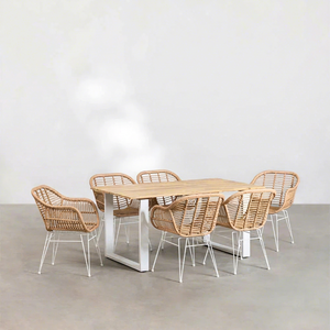 Contemporary Design Commercial <b>Restaurant</b> <b>Set</b> Rectangular Solid Wood Dining Tables Metal Frame 6 Synthetic Rattan Garden Chairs - Product Image 1